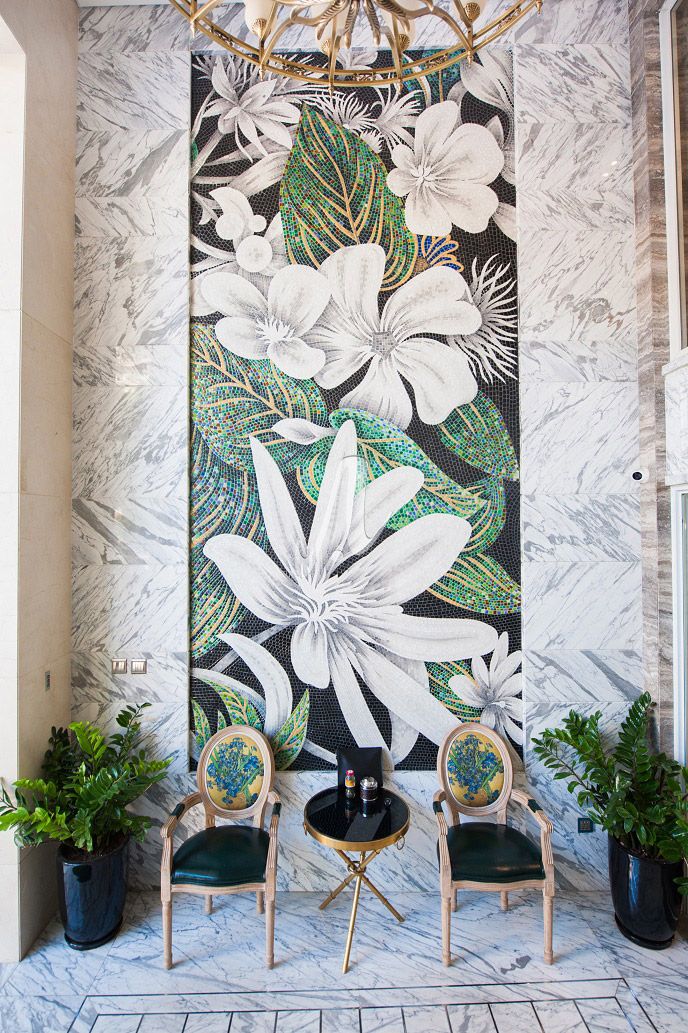 Tranh trang trí mosaic mai đào xanh trắng