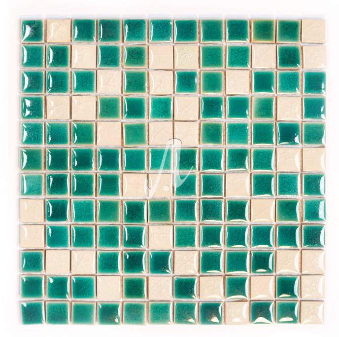 Gạch mosaic vuông trộn màu trắng xanh lục bảo 23x23