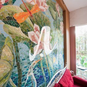 Tranh mosaic gốm Hoa sen hạc