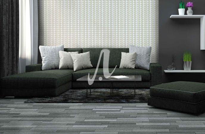 Sử dụng gạch nhỏ ốp tường màu xám sáng khiến không gian phòng khách trông sang trọng và trang nhã