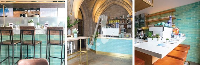 Gạch chữ nhật xanh ngọc trang trí quán cafe