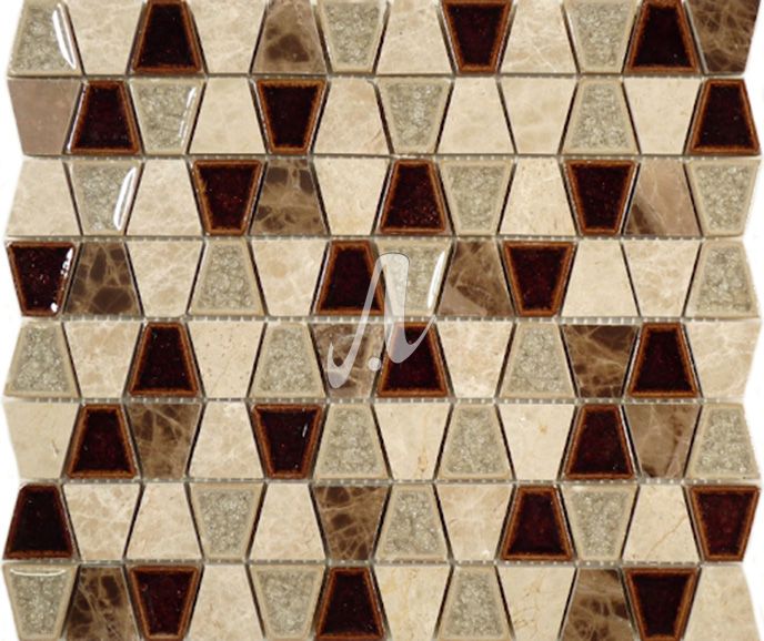 Gạch Mosaic hình thang gốm sứ phối hợp các tông màu nâu vân đá sang trọng, gần gũi